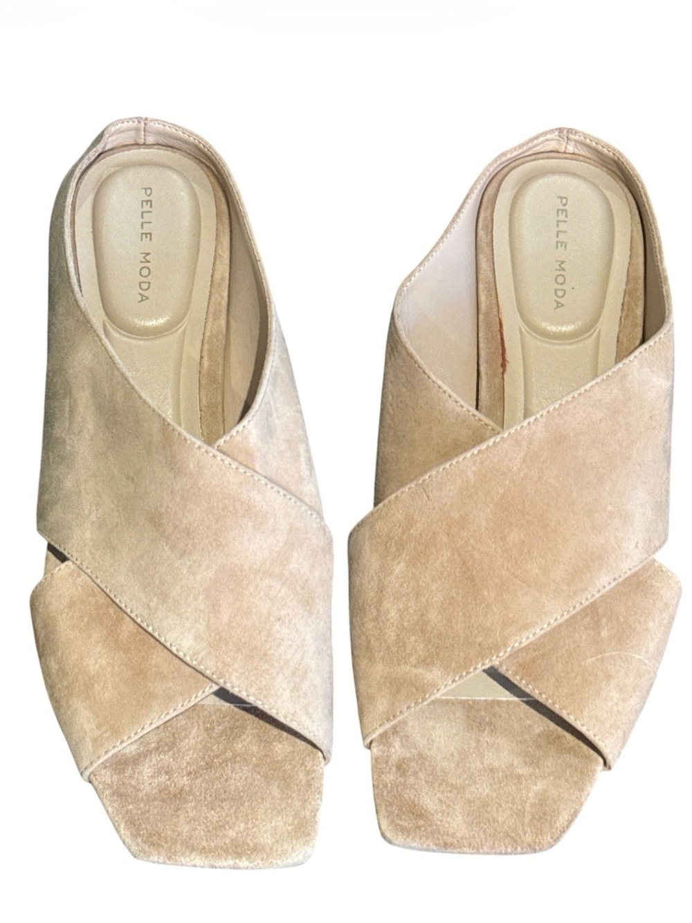 Like new Pelle Moda beige suede crisscross slide sandals with a square toe